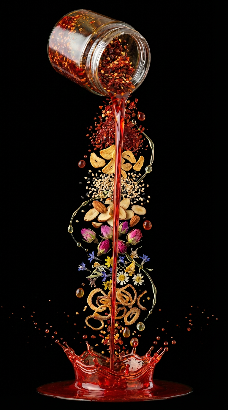 A vertical waterfall of chilli crisp ingredients pouring from a tilted glass jar — Aleppo and Korean chili flakes, fried garlic, sesame, almonds, rose buds, wildflowers, shallots, grapeseed oil and maple — with a vivid red chilli oil drip splashing into a crown at the bottom